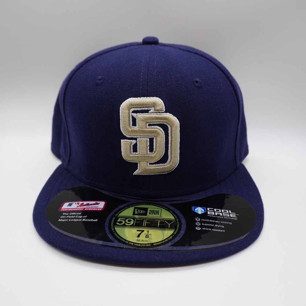 New Era 59FIFTY San Diego Padres Hat Mens 7 1/8 Navy Blue MLB Fitted Cool Base